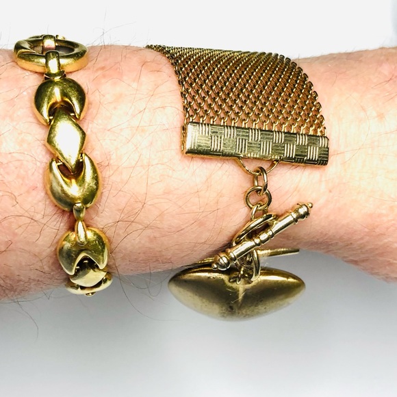 Vintage Brass Gold Electroplated Puff Heart Charm Wide Mesh Bracelet - Picture 3 of 14